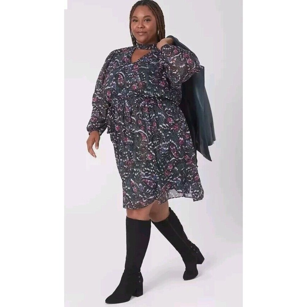 Lane Bryant Dress Plus Size 20 Cut Out Mock Neck Fit & Flare Paisley Floral